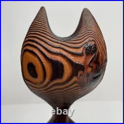 Vintage Hand Carved Wood Cat Figurine Sculpture Tiki Blue Eyes 9.5