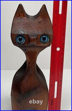 Vintage Hand Carved Wood Cat Figurine Sculpture Tiki Blue Eyes 9.5