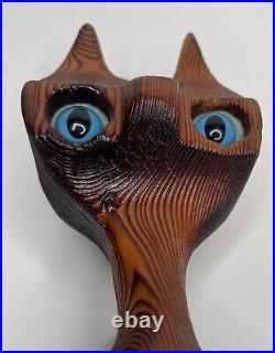 Vintage Hand Carved Wood Cat Figurine Sculpture Tiki Blue Eyes 9.5