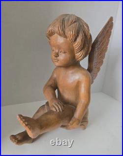 Vintage Hand Carved Wood Cherub Angel Putti Sitting Sculpture Folk Art Large 15