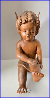 Vintage Hand Carved Wood Cherub Angel Putti Sitting Sculpture Folk Art Large 15