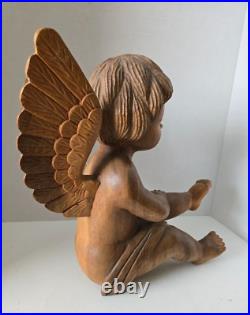 Vintage Hand Carved Wood Cherub Angel Putti Sitting Sculpture Folk Art Large 15