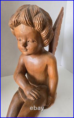 Vintage Hand Carved Wood Cherub Angel Putti Sitting Sculpture Folk Art Large 15