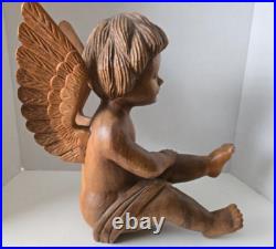 Vintage Hand Carved Wood Cherub Angel Putti Sitting Sculpture Folk Art Large 15