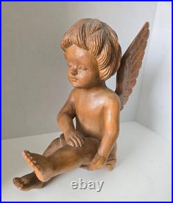 Vintage Hand Carved Wood Cherub Angel Putti Sitting Sculpture Folk Art Large 15