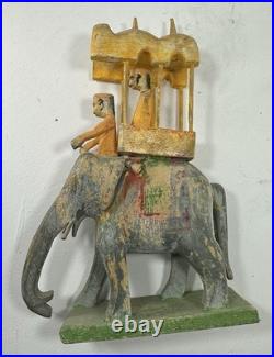 Vintage Hand Carved Wood Elephant Howdah Folk Art Sculpture India Primitive
