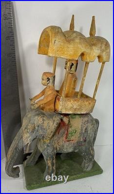 Vintage Hand Carved Wood Elephant Howdah Folk Art Sculpture India Primitive
