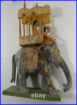 Vintage Hand Carved Wood Elephant Howdah Folk Art Sculpture India Primitive