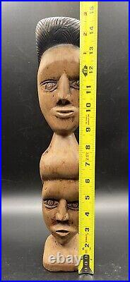 Vintage Hand Carved Wood Head Totem Pole Primitive Art African Sculpture Figure