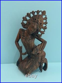 Vintage Hand Carved Wood Indonesian Bali Fan Janger Dancer Sculpture