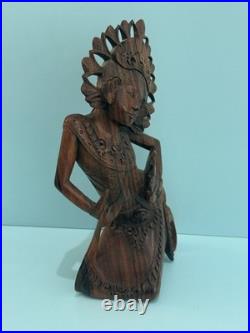 Vintage Hand Carved Wood Indonesian Bali Fan Janger Dancer Sculpture