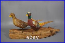Vintage Hand Carved Wood Pheasant Pair Sculpture Folk Art Driftwood Base