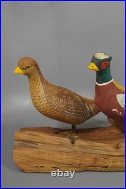 Vintage Hand Carved Wood Pheasant Pair Sculpture Folk Art Driftwood Base