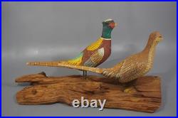 Vintage Hand Carved Wood Pheasant Pair Sculpture Folk Art Driftwood Base