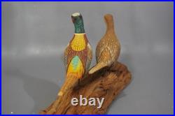 Vintage Hand Carved Wood Pheasant Pair Sculpture Folk Art Driftwood Base Vintage Hand Carved Wood Pheasant Pair Sculpture Folk Art Driftwood Base