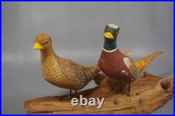 Vintage Hand Carved Wood Pheasant Pair Sculpture Folk Art Driftwood Base