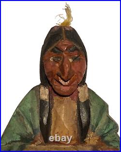 Vintage Hand Carved Wood Polychrome Native American Figure Portrait Sculpture