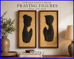 Vintage Hand Carved Wood Praying Figures Wall Art Pair Mid Century Asian Decor Vintage Hand Carved Wood Praying Figures Wall Art Pair Mid Century Asian Decor