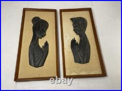Vintage Hand Carved Wood Praying Figures Wall Art Pair Mid Century Asian Decor