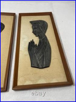 Vintage Hand Carved Wood Praying Figures Wall Art Pair Mid Century Asian Decor