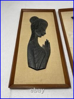 Vintage Hand Carved Wood Praying Figures Wall Art Pair Mid Century Asian Decor