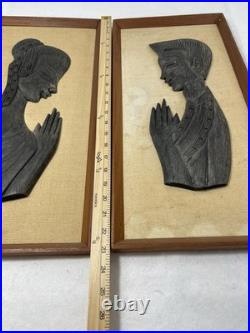 Vintage Hand Carved Wood Praying Figures Wall Art Pair Mid Century Asian Decor