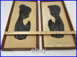 Vintage Hand Carved Wood Praying Figures Wall Art Pair Mid Century Asian Decor