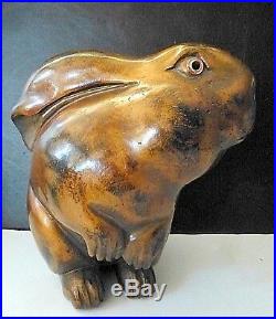 Vintage Hand Carved Wood RABBIT Sculpture Bunny Signed OOAK