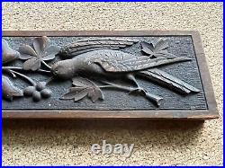 Vintage Hand Carved Wood Relief Panel Birds Clover Bow
