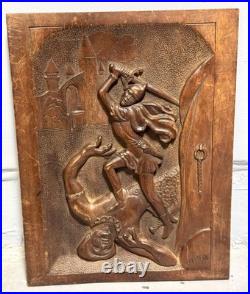 Vintage Hand-Carved Wood Relief Wall Art Warrior Figure Battling Giant