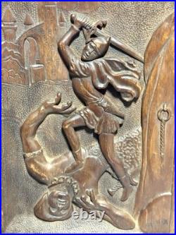 Vintage Hand-Carved Wood Relief Wall Art Warrior Figure Battling Giant
