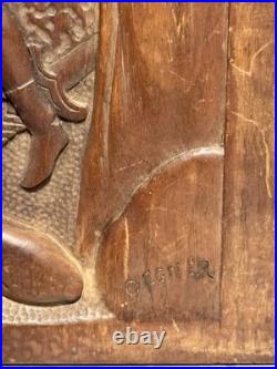 Vintage Hand-Carved Wood Relief Wall Art Warrior Figure Battling Giant