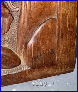 Vintage Hand-Carved Wood Relief Wall Art Warrior Figure Battling Giant