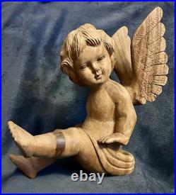 Vintage Hand Carved Wood Santos Style Angelic Putti Sculpture 16H