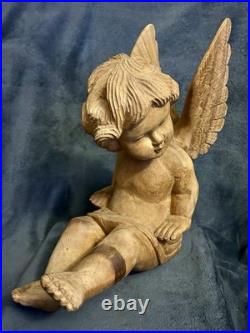 Vintage Hand Carved Wood Santos Style Angelic Putti Sculpture 16H