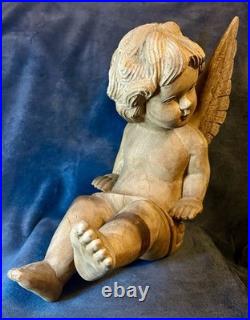 Vintage Hand Carved Wood Santos Style Angelic Putti Sculpture 16H