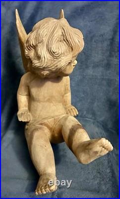 Vintage Hand Carved Wood Santos Style Angelic Putti Sculpture 16H