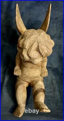 Vintage Hand Carved Wood Santos Style Angelic Putti Sculpture 16H