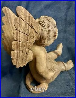 Vintage Hand Carved Wood Santos Style Angelic Putti Sculpture 16H