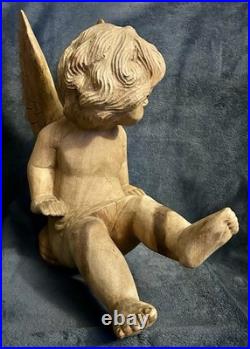 Vintage Hand Carved Wood Santos Style Angelic Putti Sculpture 16H