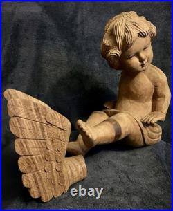 Vintage Hand Carved Wood Santos Style Angelic Putti Sculpture 16H