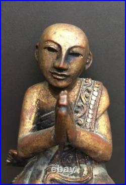 Vintage Hand Carved Wood Sculpture Seated Praying Buddhist Monk
