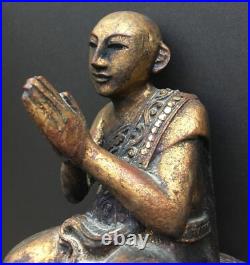 Vintage Hand Carved Wood Sculpture Seated Praying Buddhist Monk