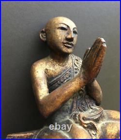 Vintage Hand Carved Wood Sculpture Seated Praying Buddhist Monk