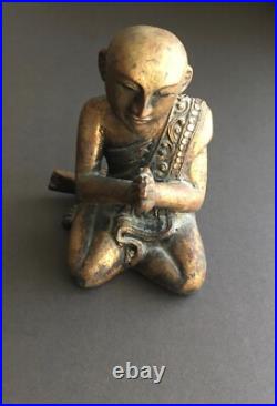 Vintage Hand Carved Wood Sculpture Seated Praying Buddhist Monk