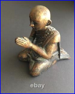 Vintage Hand Carved Wood Sculpture Seated Praying Buddhist Monk