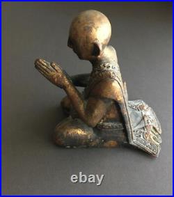 Vintage Hand Carved Wood Sculpture Seated Praying Buddhist Monk