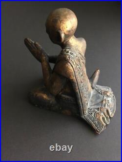 Vintage Hand Carved Wood Sculpture Seated Praying Buddhist Monk