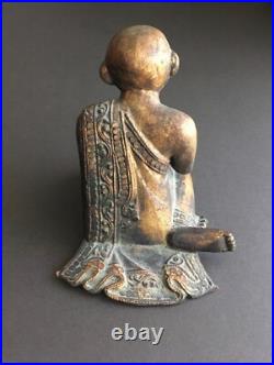 Vintage Hand Carved Wood Sculpture Seated Praying Buddhist Monk