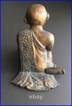 Vintage Hand Carved Wood Sculpture Seated Praying Buddhist Monk